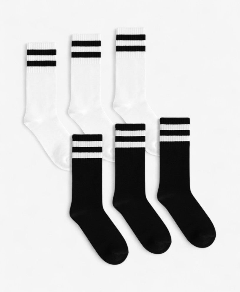 3 White 3 Black Long Striped Socks - 6 Pairs
