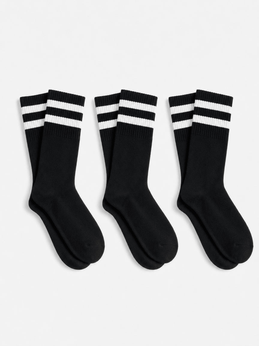 Long Black Socks With White Stripes - 3 Pairs