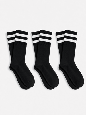 Long Black Socks With White Stripes - 3 Pairs - Lazybut