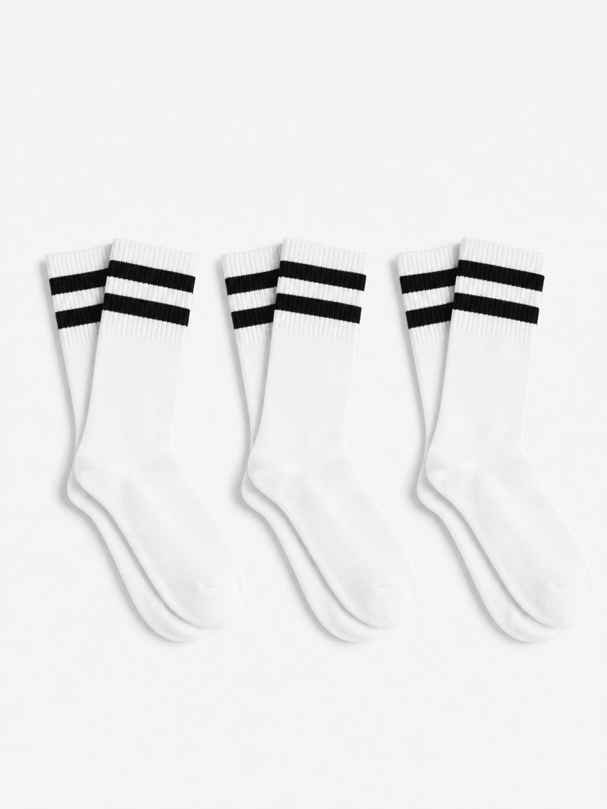 Long White Socks With Black Stripes - 3 Pairs - Lazybut