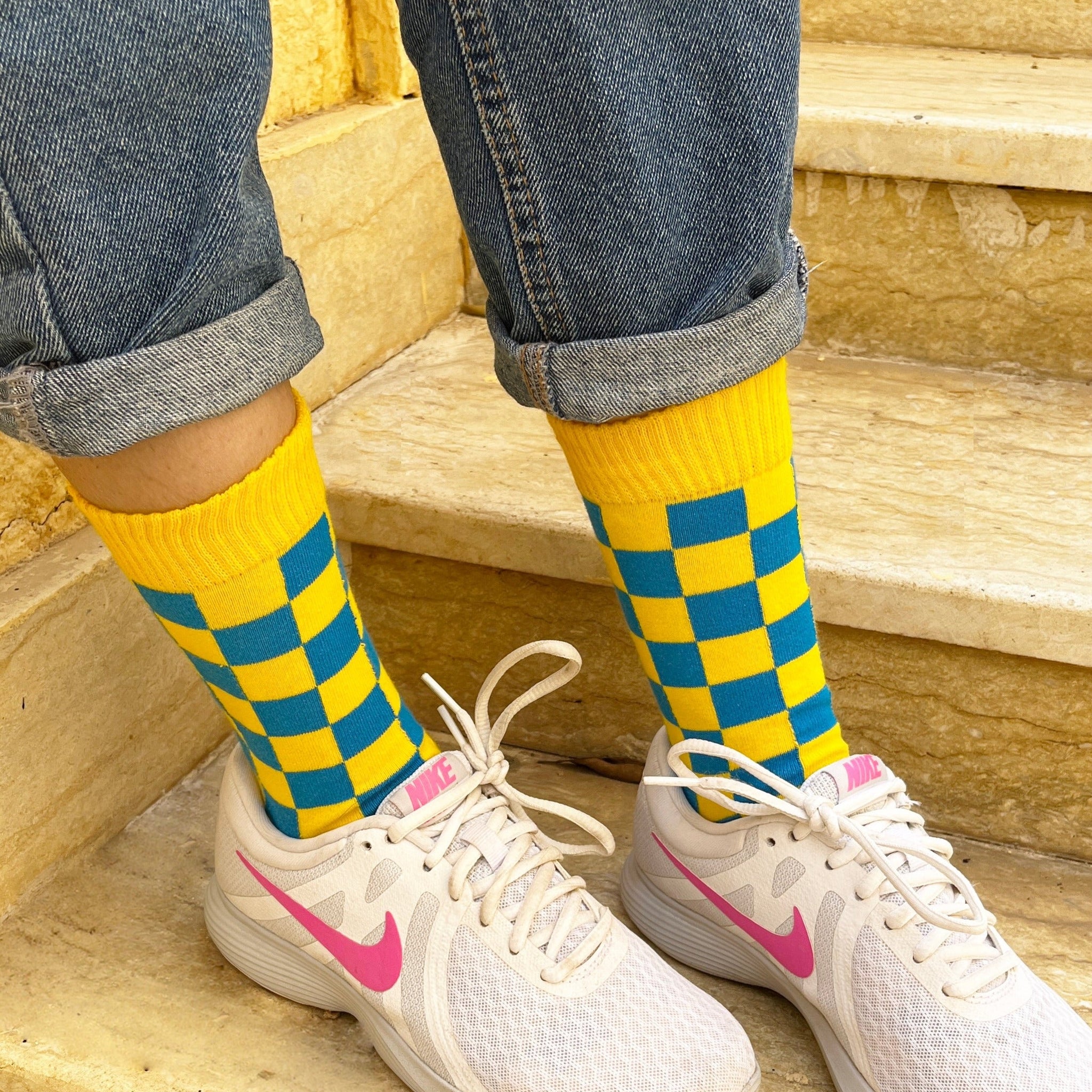 Yellow Checkered Socks - Lazybut